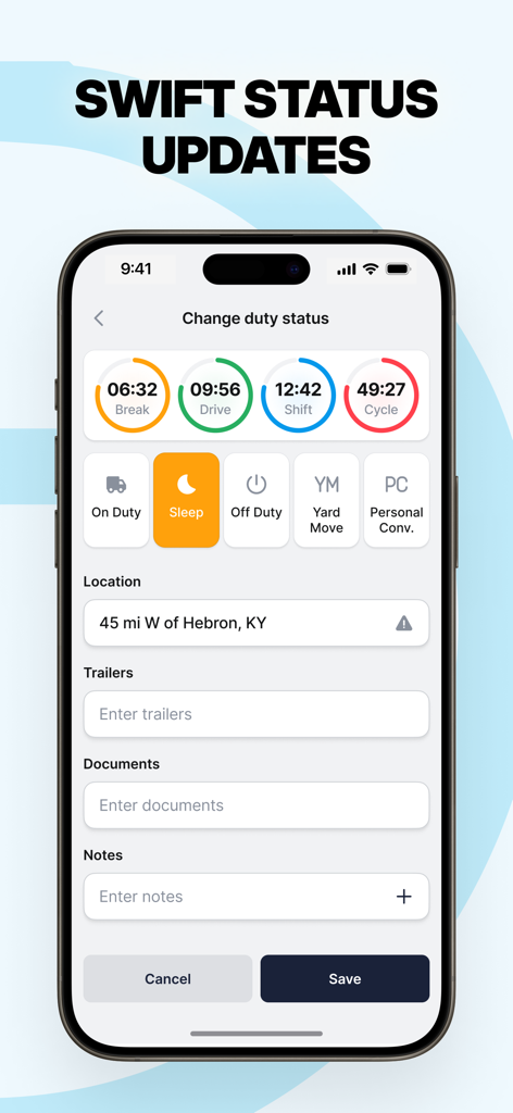 Interfaz de la aplicación móvil EVO ELD que muestra las opciones de estado del conductor del camión y los temporizadores de HOS.