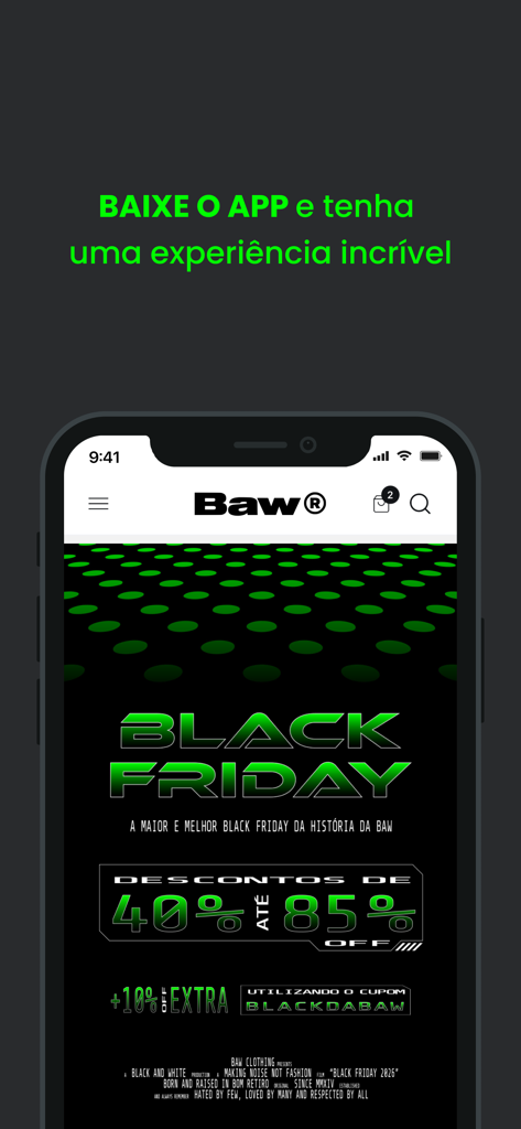 Interfaz de la aplicación BAW Clothing que muestra descuentos de Black Friday de hasta el 85 por ciento.