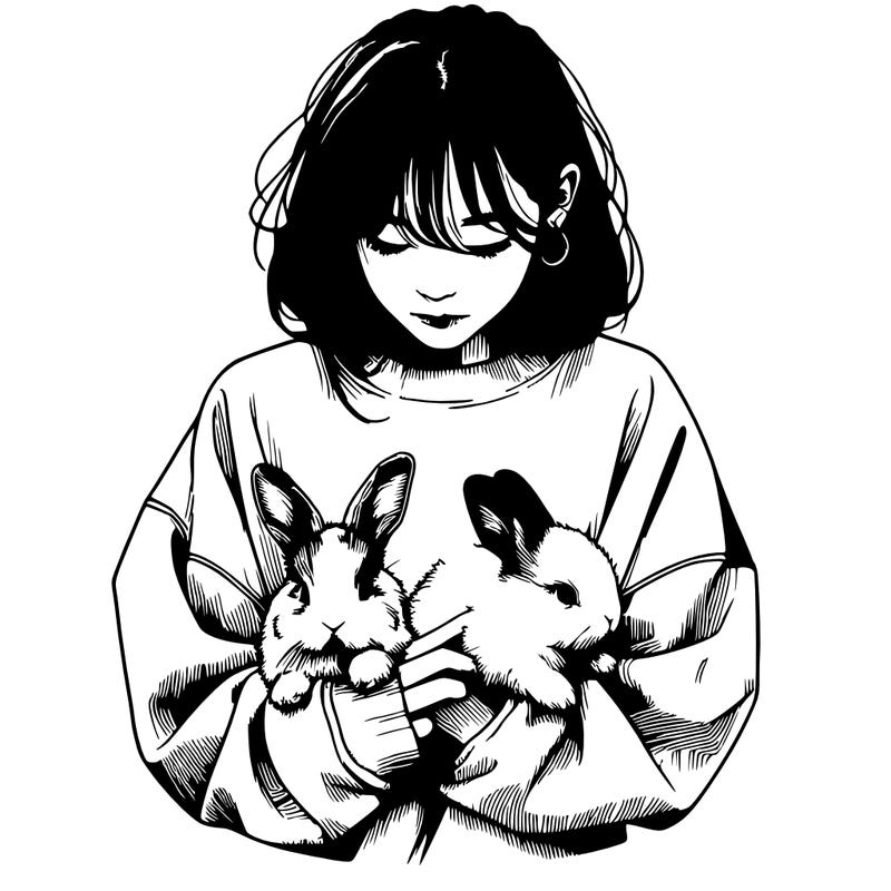 realistic girl with messy bunny baggy sweatshirt and holding bunnies