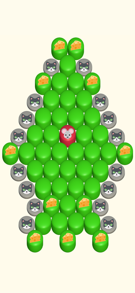 Protect It: Surround the Thief - Gameplay screenshot of Protect It: Surround the Thief featuring a mouse character and cheese skins on a hexagonal puzzle grid