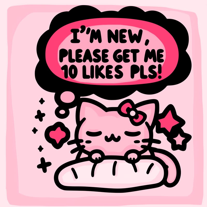 kitty taking a nap dream talking and saying "i'm new, please get me at least 10 likes pls!!"