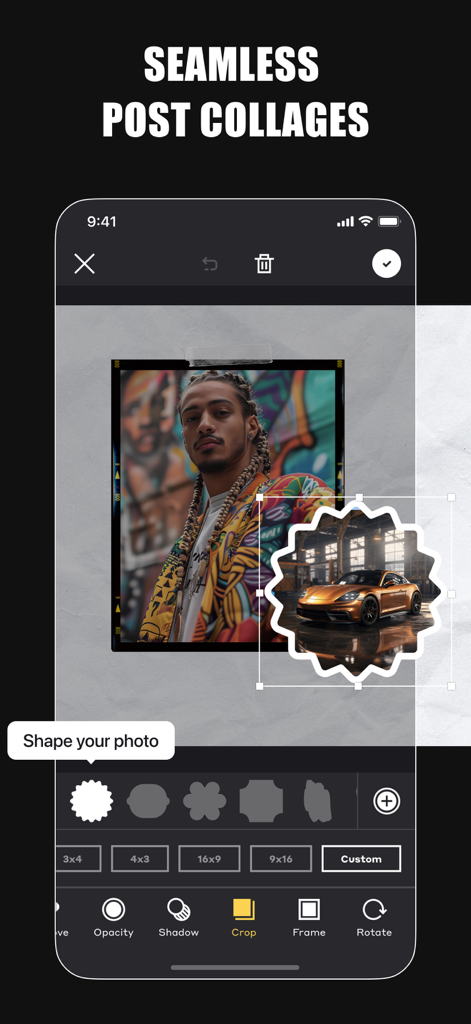 GRIDS Post maker for Instagram - Interfaz de aplicación móvil que muestra formas de fotos personalizadas para collages de Instagram fluidos