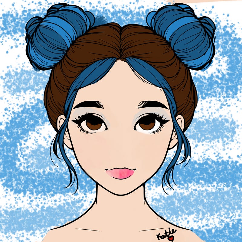 realistic girl with two buns on top of her head