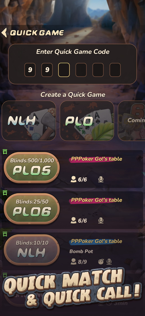 PPPoker Go mobile app screen showing the Quick Game menu with options to enter a room code or create NLH and PLO poker games