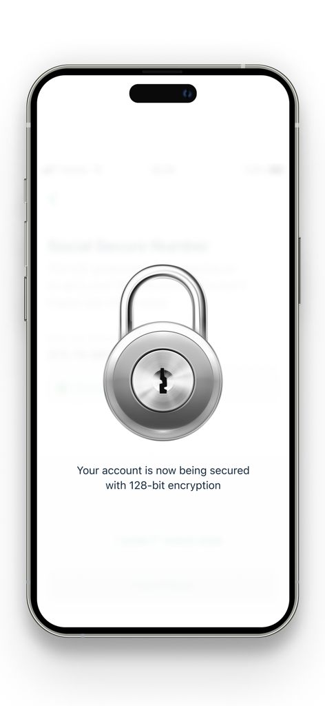 A smartphone screen displaying a large silver padlock and text stating the account is secured with 128-bit encryption