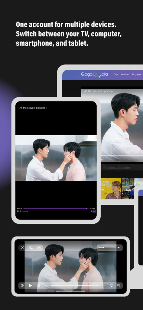 GagaOOLalaアプリのインターフェース。テレビ、タブレット、スマートフォンの画面全体にBLドラマのシーンが表示されています。