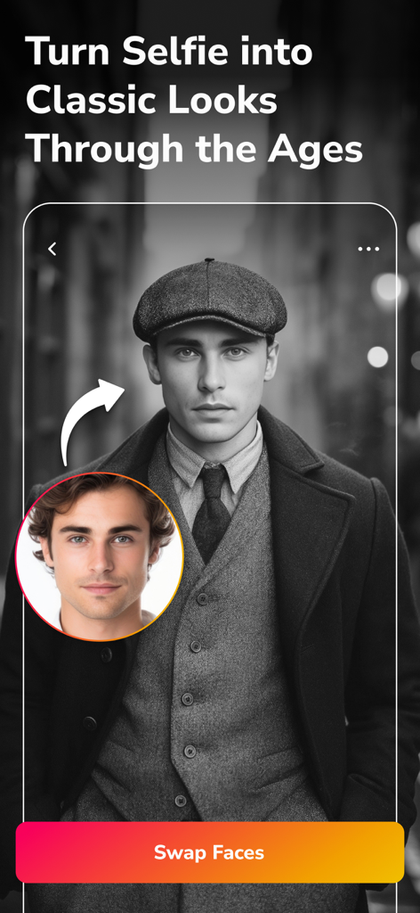KI-Gesichtertausch-App verwandelt ein modernes Selfie in ein klassisches Vintage-Porträt.