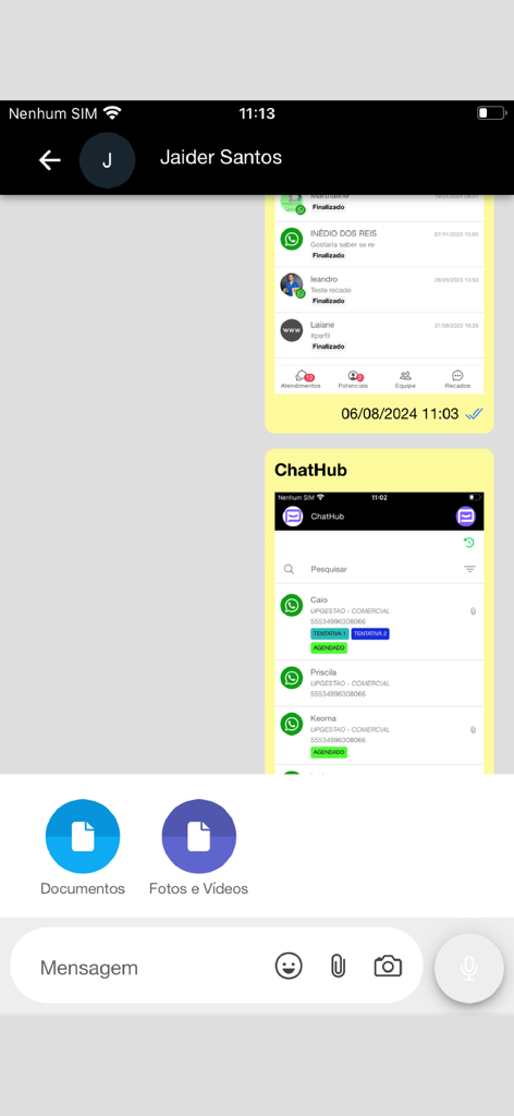 ChatHub - Mobile screen of the ChatHub app showing a chat interface with options to attach documents and media for customer service.