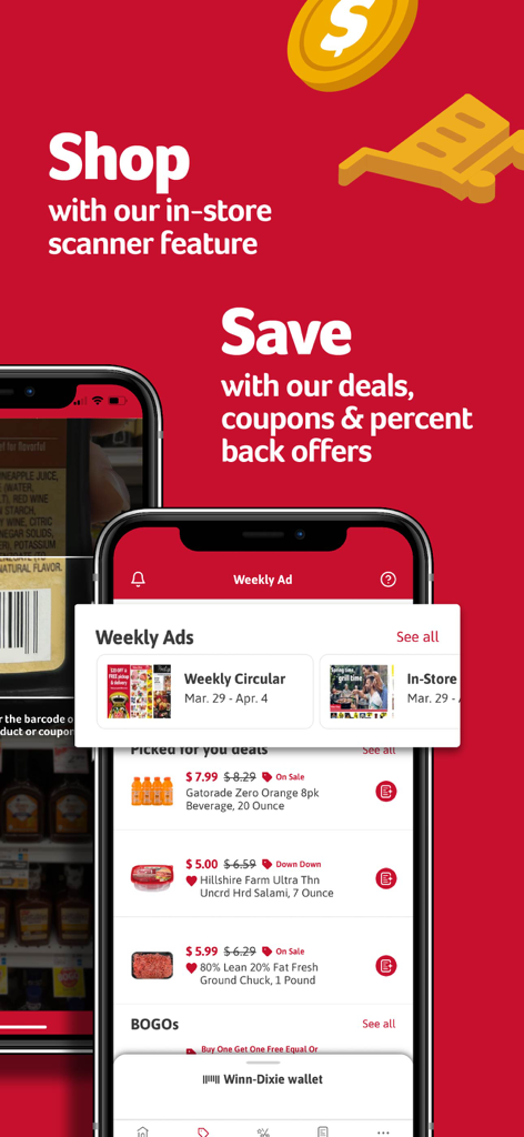 Winn-Dixie mobile app interface displaying weekly ads, digital coupons, and in-store scanner feature.