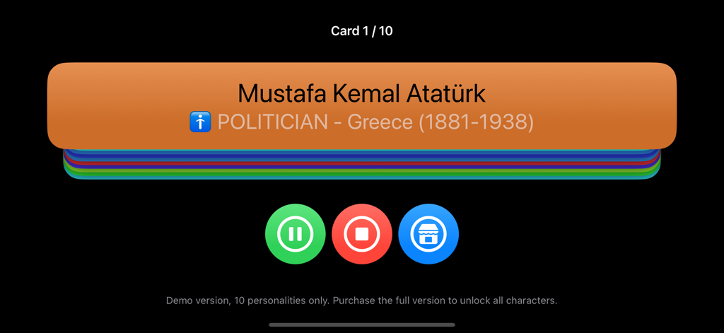 A gameplay screen showing a historical politician card in the Guess The Character Game