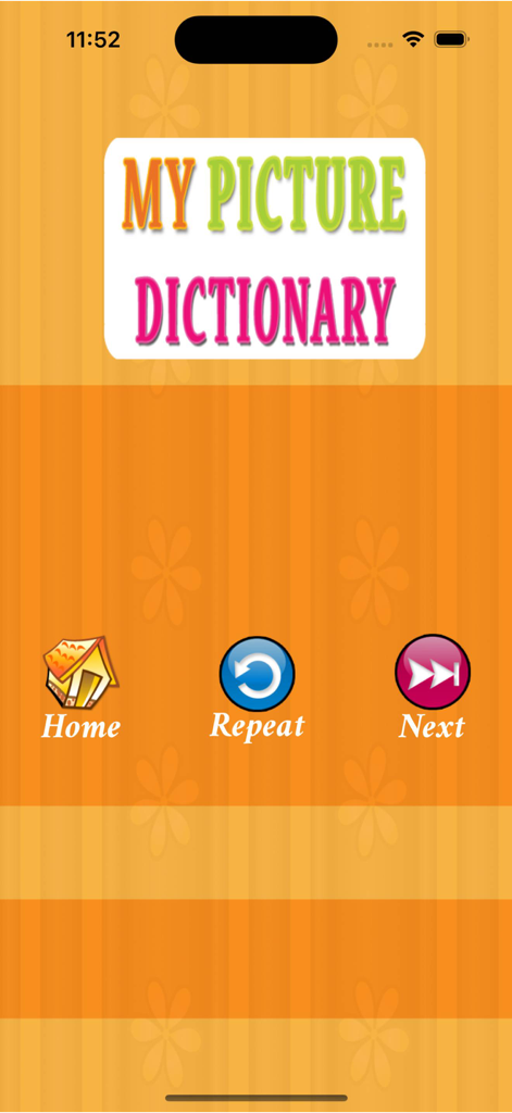 Main menu of the Kids Picture Dictionary app with navigation buttons for Home Repeat and Next