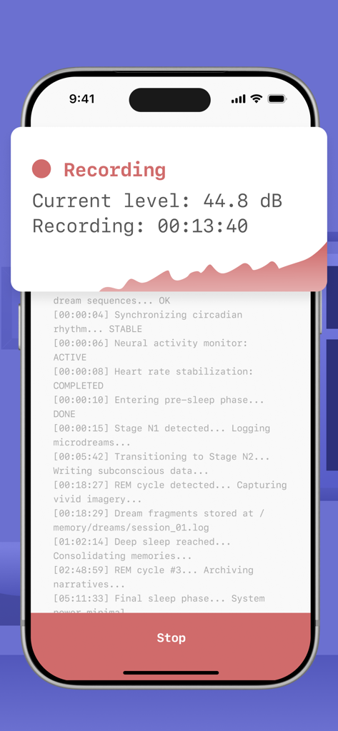 Snore Tracker app interface showing a real-time recording of sleep stages and noise decibels