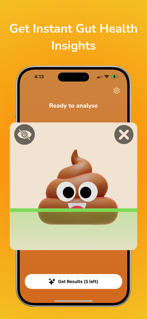 Interface do aplicativo PooIQ exibindo uma varredura de IA de um emoji de fezes para resultados instantâneos de saúde intestinal