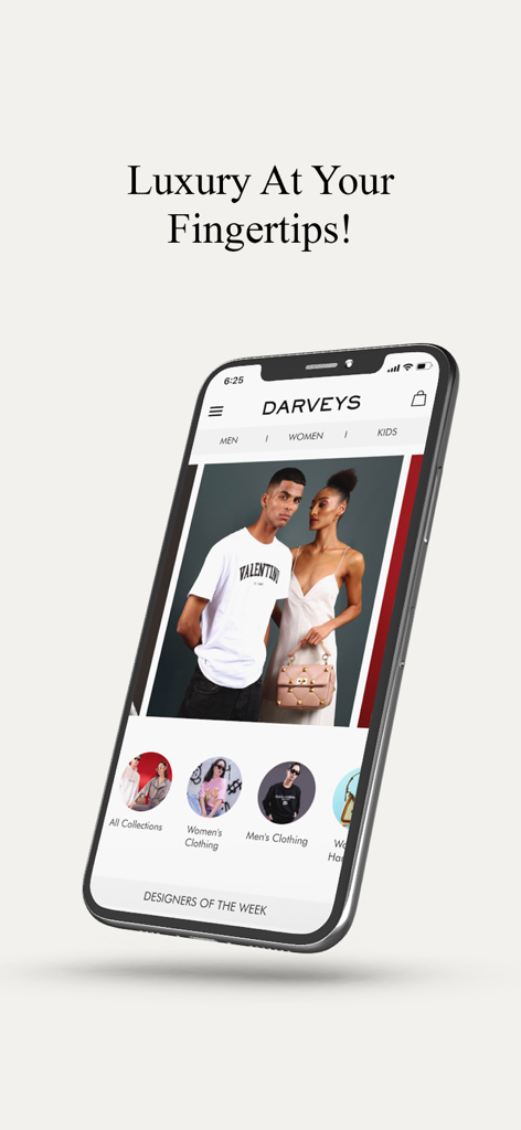 Darveys Luxury Shopping - Darveys luxury shopping app interface on a smartphone screen showing fashion categories.