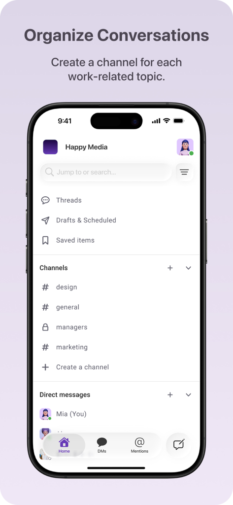 Interface do aplicativo Pumble mostrando canais de trabalho organizados e mensagens diretas para comunicação empresarial