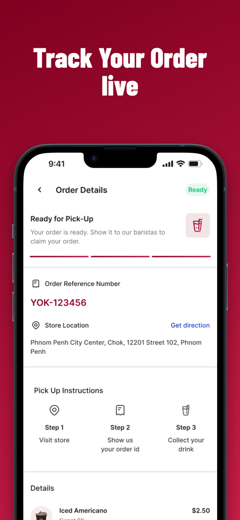 YOK Cafe - YOK Cafe app order details screen showing live tracking and pickup instructions