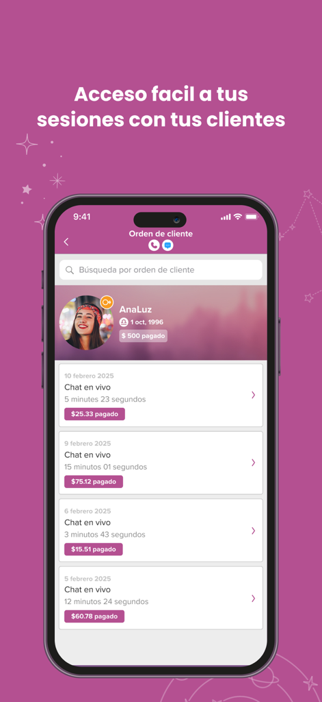 Interfaz de historial de sesiones con clientes y ganancias en la app Psiquicos para Asesores