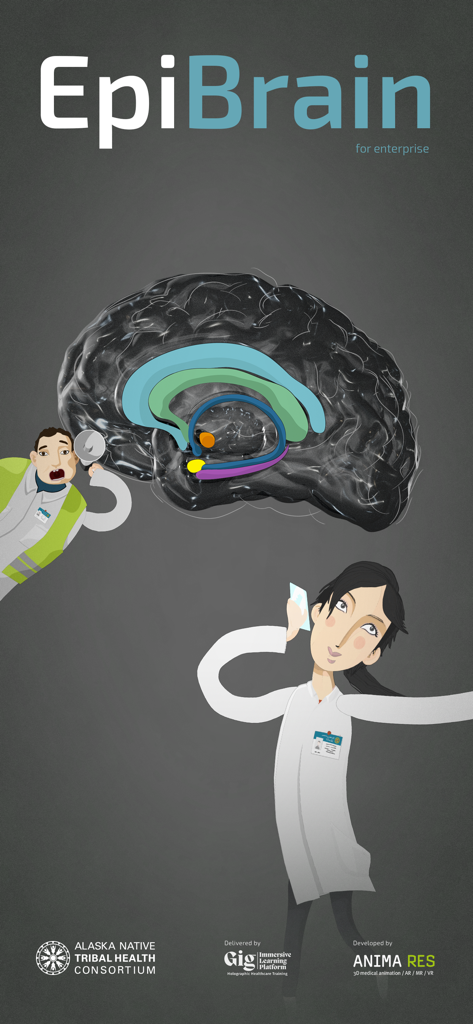 EpiBrainエンタープライズアプリのカラフルにハイライトされた経路で人間の脳を検査する医療専門家を示す様式化された医療イラスト。