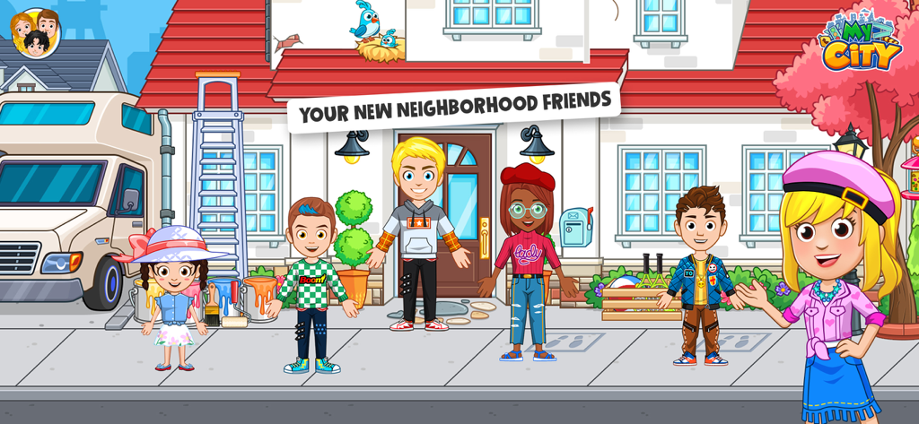 Un grupo de personajes de dibujos animados diversos parados frente a una casa suburbana y una caravana