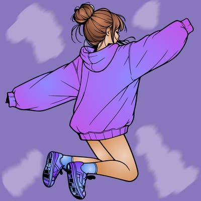 realistic girl jumping with a bun and oversized sweatshirt