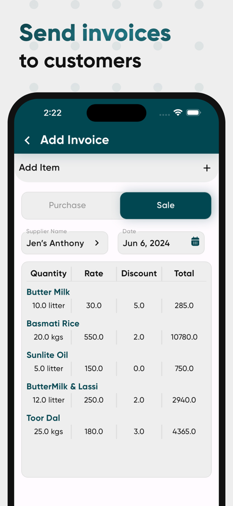 Khatabook - Credit Ledger Book - Smartphone screen showing the add invoice interface with a list of items and prices