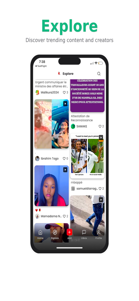 Pagina Esplora dell'app KObedi che mostra video e creator di tendenza da tutto il mondo.