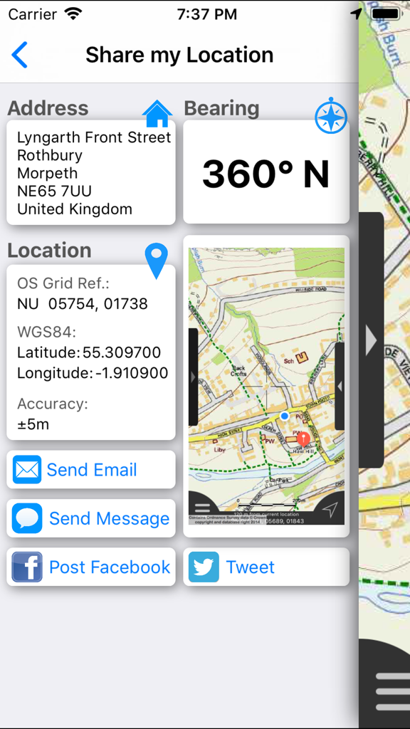 Northumberland Maps Offline - Share my location interface showing address GPS coordinates and map view.