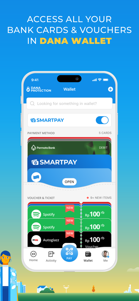 DANA app interface showing a digital wallet with bank cards and digital vouchers.