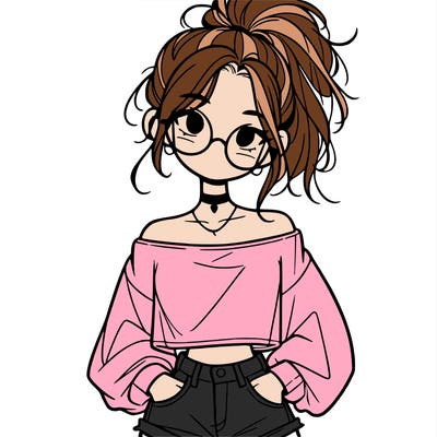 girl with a messy ponytail glasses a baggy crop top and jean shorts