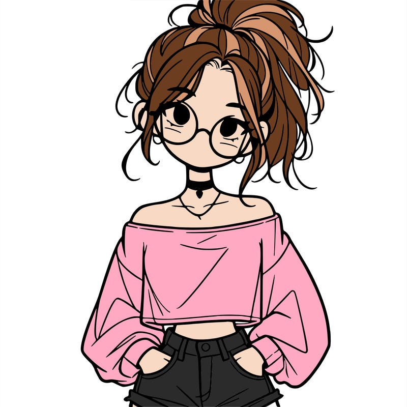 girl with a messy ponytail glasses a baggy crop top and jean shorts