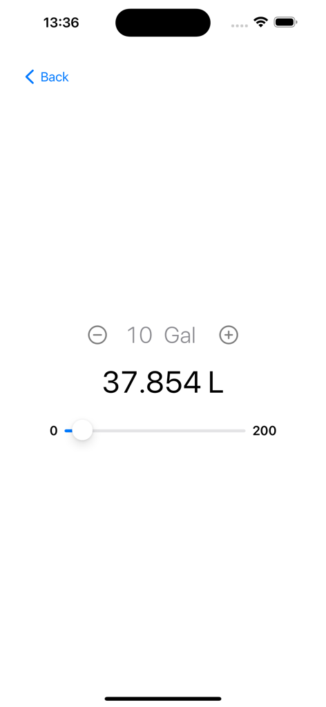 Gallons and Liters - Screenshot dell'app Galloni e Litri che mostra una conversione di 10 galloni in 37.854 litri tramite uno slider interattivo