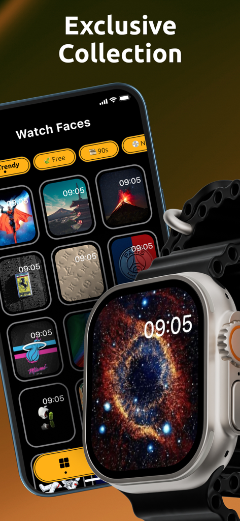 A gallery of diverse and exclusive Apple Watch face wallpapers displayed on an iPhone and an Apple Watch Ultra.
