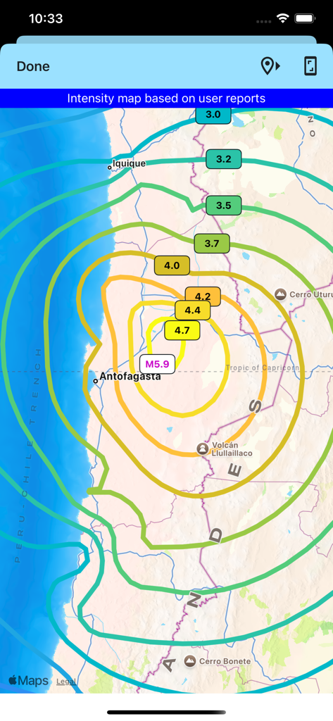 Earthquake Network app showing a seismic intensity map based on user reports for a magnitude 5.9 earthquake.