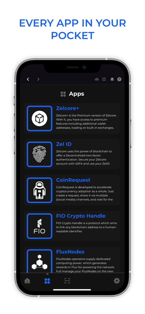ZelCore - Interfaz de la aplicación móvil ZelCore mostrando una lista de aplicaciones blockchain integradas que incluyen Zel ID y FluxNodes