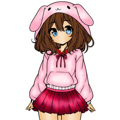 pretty anime girl wearing a fluffy hoodie with bunny ears on the hood and a skirt