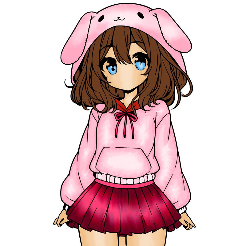 pretty anime girl wearing a fluffy hoodie with bunny ears on the hood and a skirt