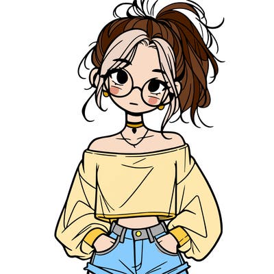 girl with a messy ponytail glasses a baggy crop top and jean shorts