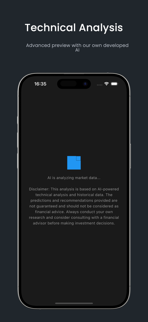 AI Analyzer - AI Analyzer mobile app screen showing a technical analysis loading state with a message saying AI is analyzing market data.