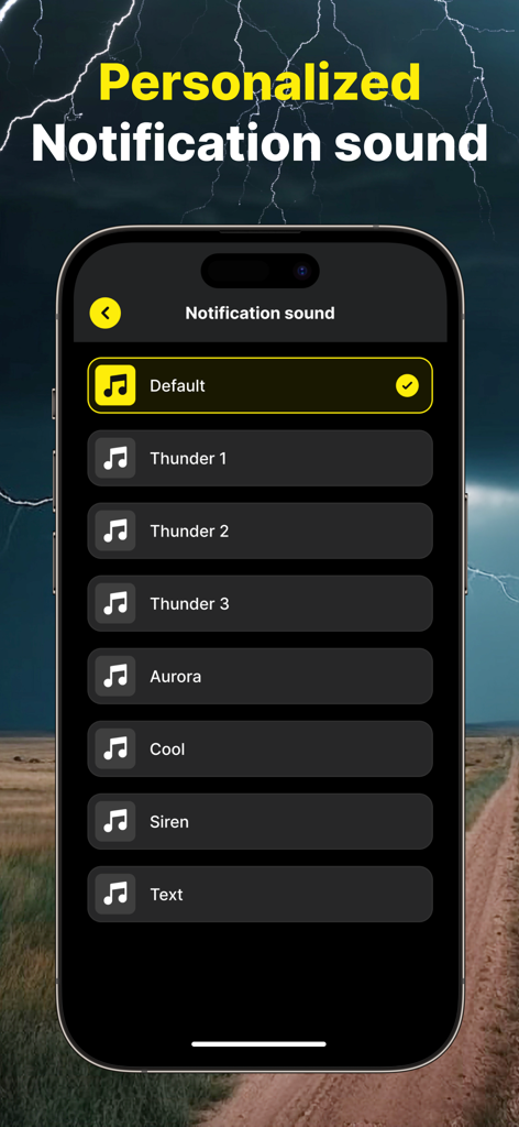 Tela do aplicativo móvel mostrando opções de som de notificação personalizadas para alertas de relâmpagos, incluindo sons de trovão e sirene