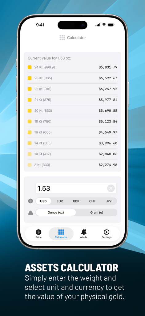 GoldPriceOneMobile - Una pantalla de aplicación móvil para la calculadora de activos GoldPriceOneMobile que muestra estimaciones de valor para varios quilates de oro según el peso y la moneda.