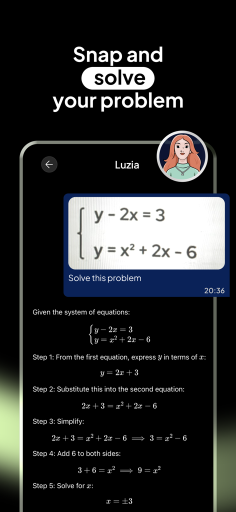 Luzia AI assistant solving a math problem from a photo with step by step instructions