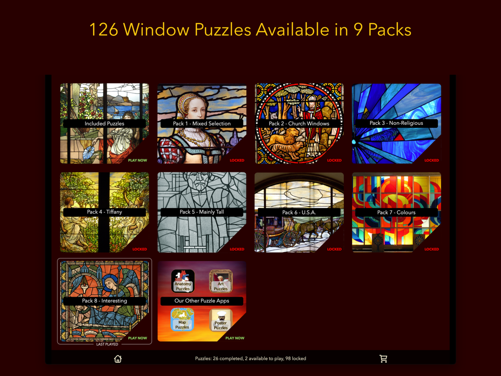 A selection menu showing various themed stained glass window puzzle packs on an iPad screen
