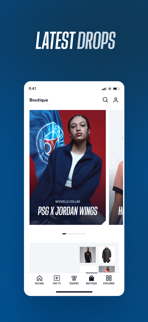 PSG Official - PSG Official app boutique interface featuring the PSG x Jordan Wings collaboration collection