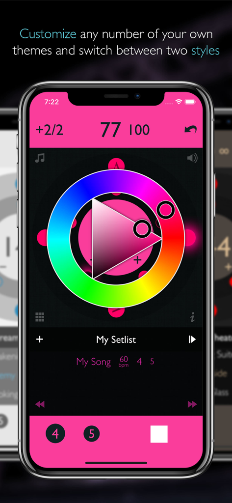 Interface de personnalisation du thème de l'application de métronome Tempo Advance avec une roue chromatique et un fond rose