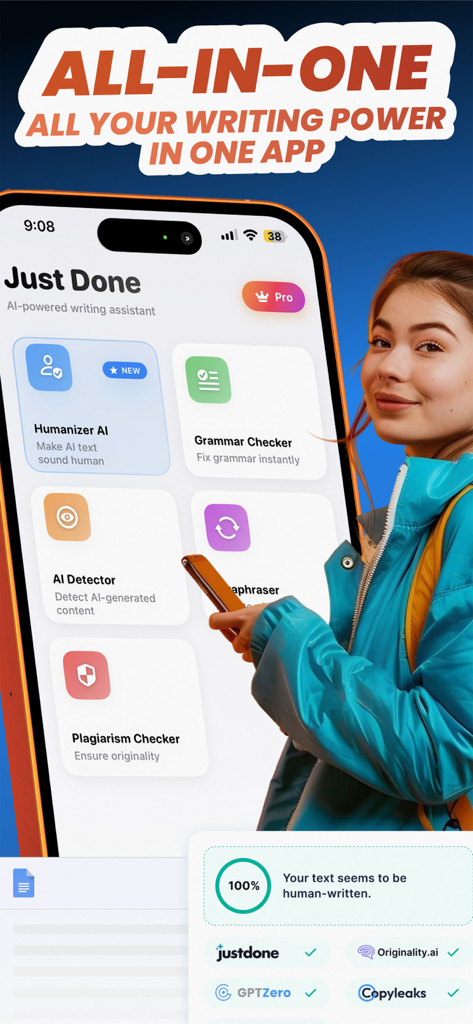 Justdone AI Detector - Justdone AI Detector mobile app interface showing writing assistant features like humanizer and plagiarism checker