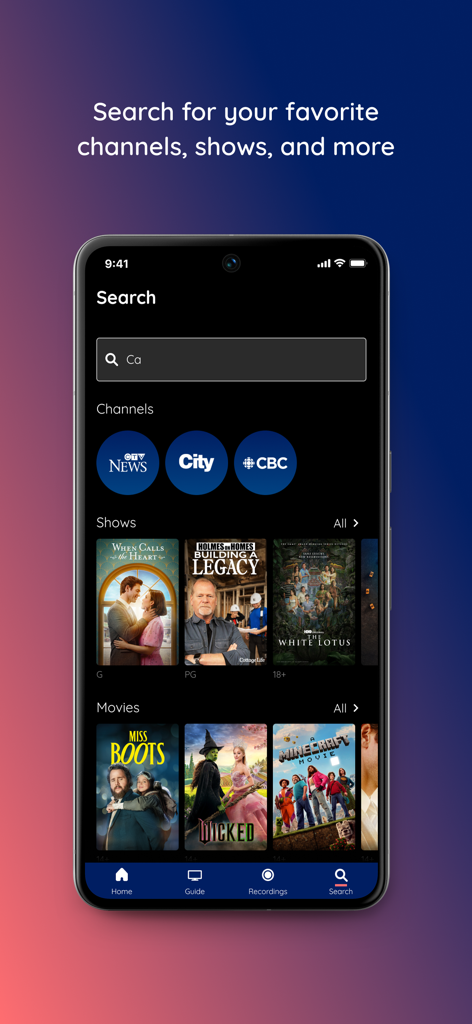 Cogeco EPICO - Cogeco EPICO mobile app search interface displaying channels shows and movies
