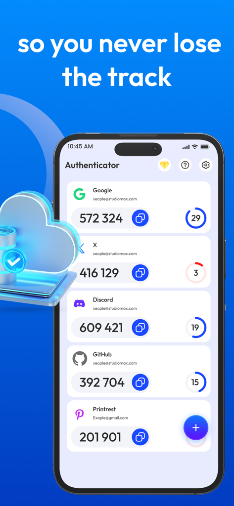 Interfaz de usuario de una aplicación authenticator que muestra códigos de seguridad 2FA para varias cuentas en línea