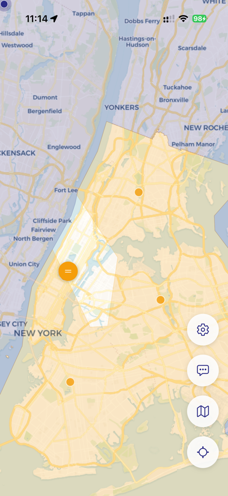 Jet Lag: Hide & Seek Mapper - A map of New York showing search zones and navigation controls in the Jet Lag Hide and Seek Mapper app