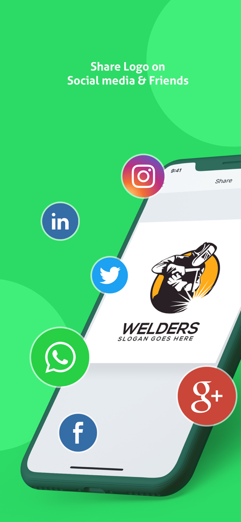 Logo Maker - Logo Creator - Pantalla de un teléfono móvil mostrando un diseño de logo profesional con iconos flotantes de redes sociales para compartir.