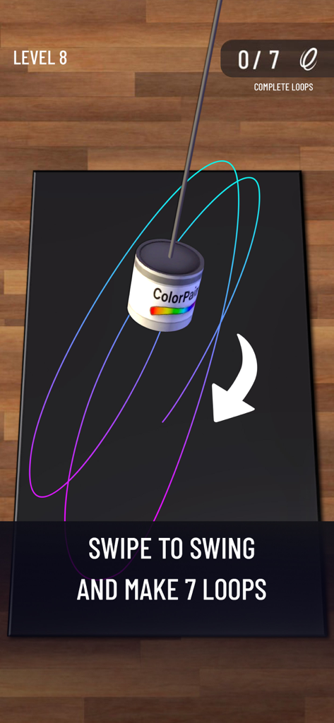 Gameplay of I Can Paint showing a paint bucket pendulum creating neon loops on a black canvas